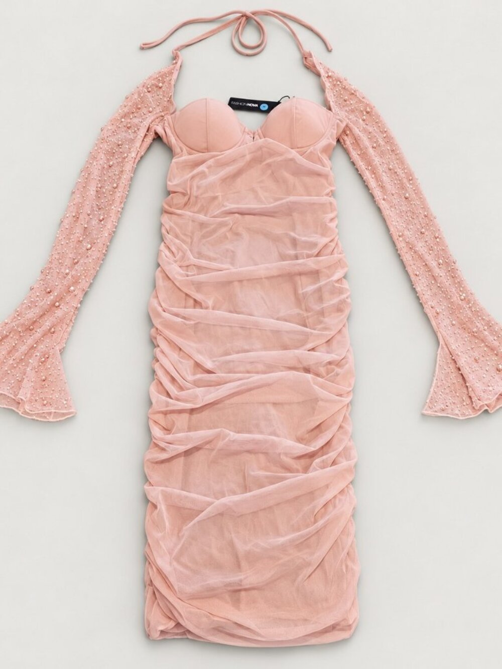 Ruched Sweetheart Beaded-Sleeve Midi Dress